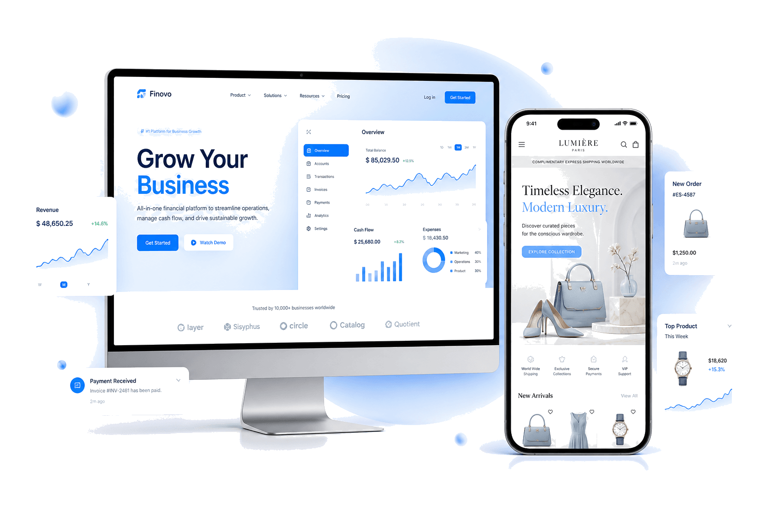 Creonix websites for fintech and e-commerce businesses on desktop and mobile